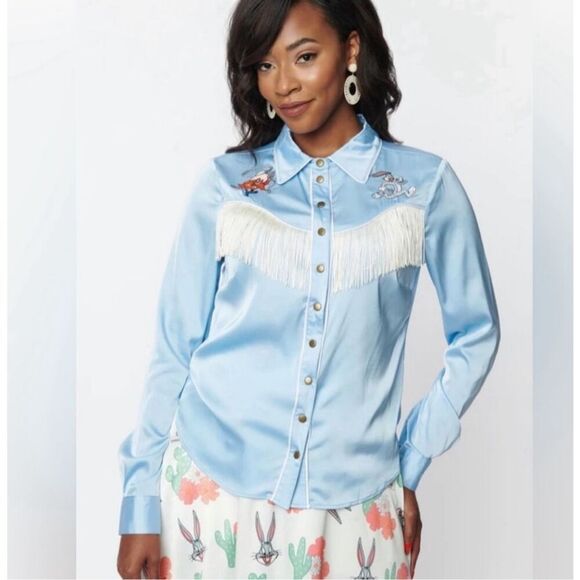 Looney Tunes x Unique Vintage Western Embroidered Fringe Button Up Shirt Blue NW - Picture 8 of 8